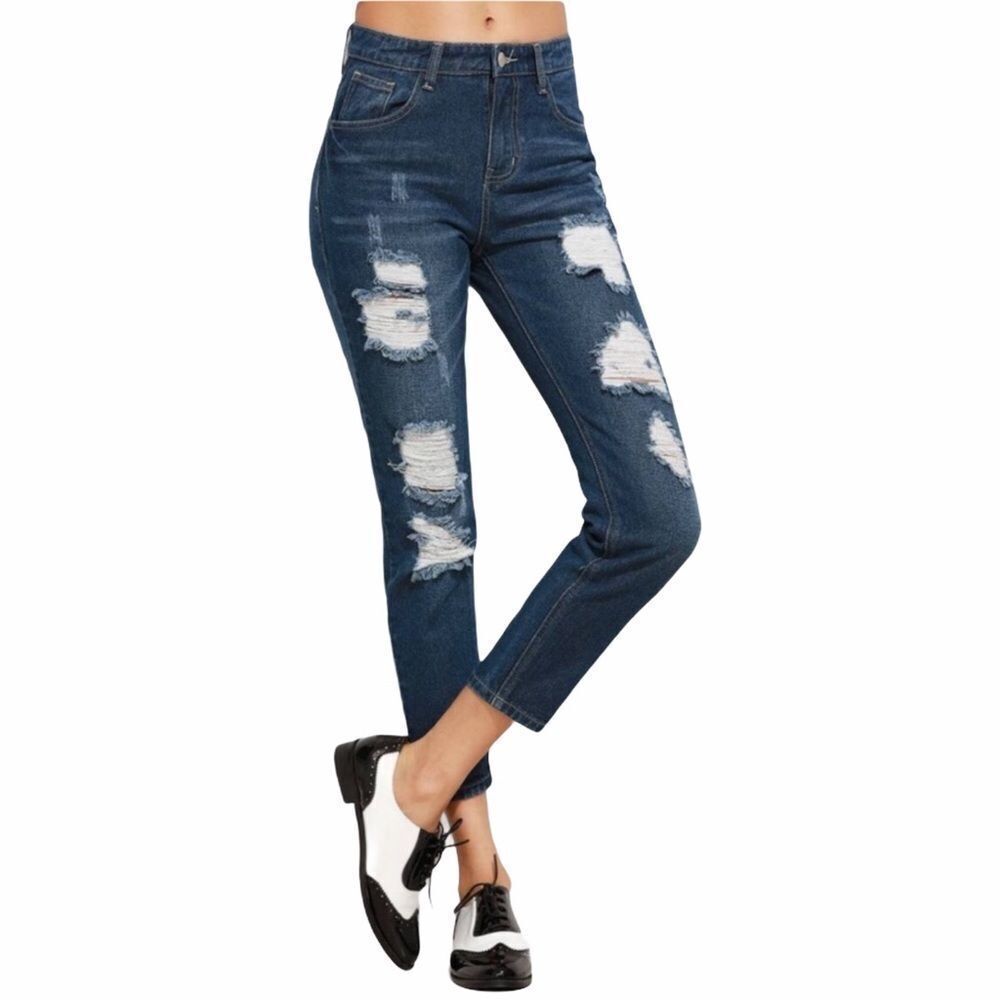 Mid Rise Blue Distressed Denim Ankle Jeans - NEW